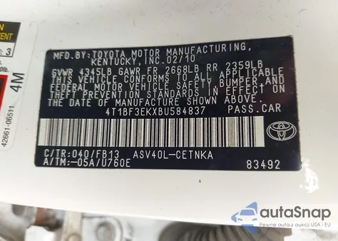 2011 Toyota Camry Le z USA, uszkodzony, nr VIN 4T1BF3EKXBU584837